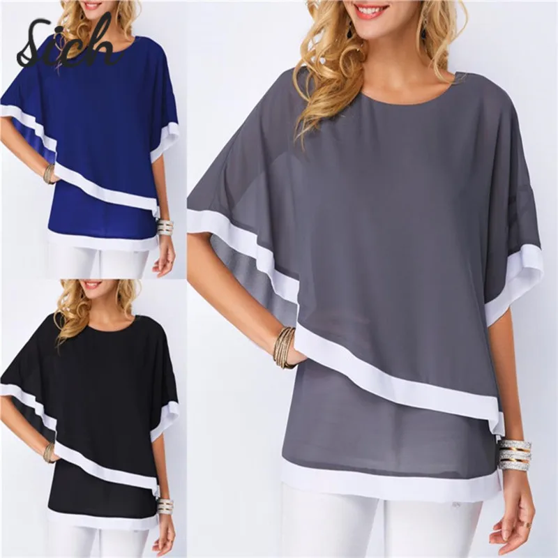 

Women Loose O-Neck 3/4 Bat Sleeve Striped Tops Irregular Stitching Casual Office Lady Shirt Summer Oversize Blouse T-Shirt 2021