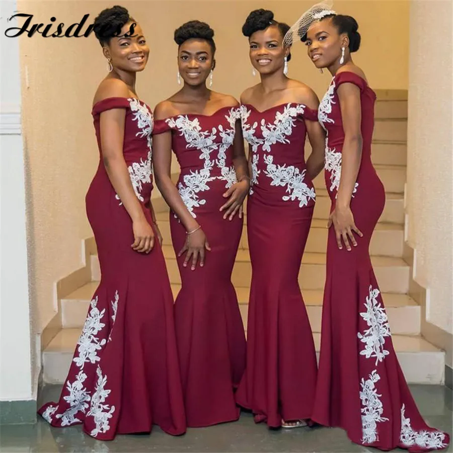 Бордовые Длинные Русалка платье подружки невесты с белым кружевом 2019 элегантное