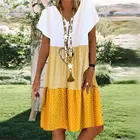 Женское платье в стиле бохо, с V-образным вырезом, в горошек, свободное, до колен, Пляжное, праздвечерние, Пляжное, в полоску с коротким рукавом