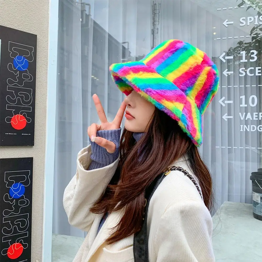 

Rainbow Fluffy Hat Faux Fur Warm Bucket Hats For Women Girl Cow Print Plush Velvet Winter Hat Fisherman Hats Bob