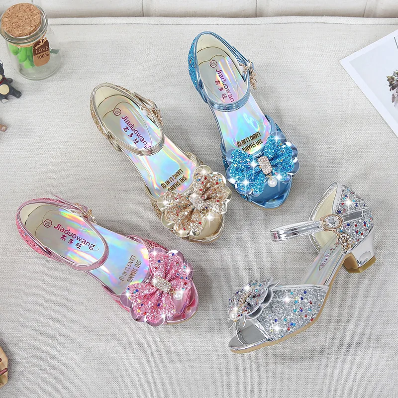 

Kids Cinderella Princess Women Crystal Bowtie Peep Toe High Heel Dancing Pearl Pumps Children Girls Peformance Glitter Shoes