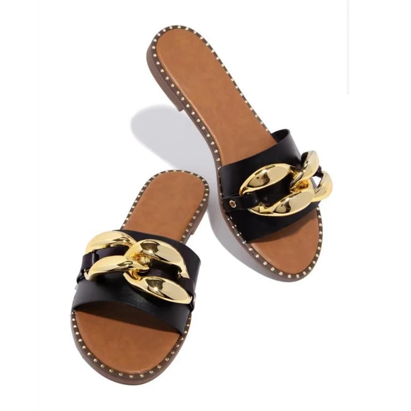 

Fashion Sexy Chain Lock Solid Color Plus Size 2021 Summer New Style Roman Style Flat Outdoor Female Slippers