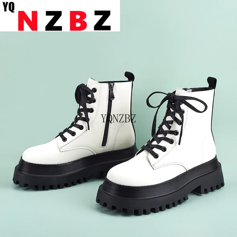 

YQNZBZ 2021 Winter New Brand Women Ankle Chunky Boots Fashion Round Toe Zip Cross Lace-Up Platform Heels Ladies Shoes Casual