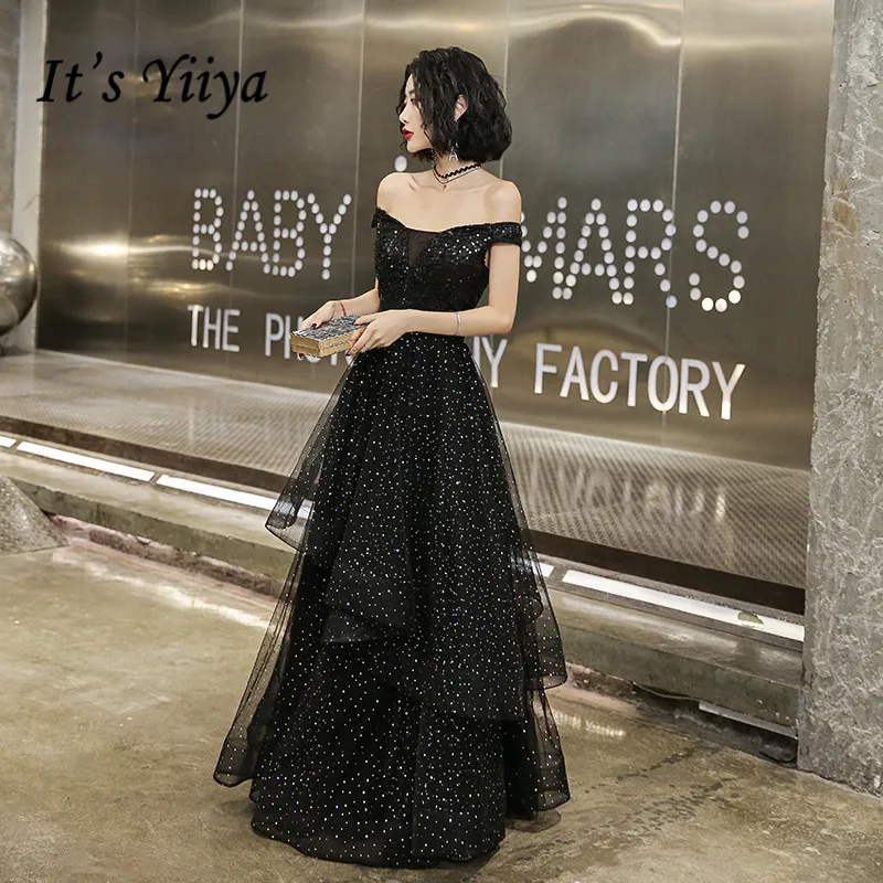 Женское вечернее платье It's Yiiya Черное длинное с вырезом лодочкой блестками и
