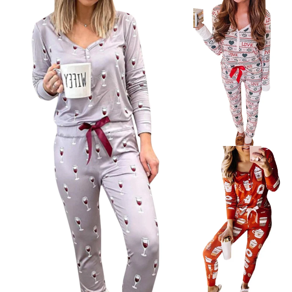 

Casua Pajamas Kawaii Print Womens Long Sleeve V Neck Top and Pants Two Piece Set Autumn Spring Nightwear Loungewear