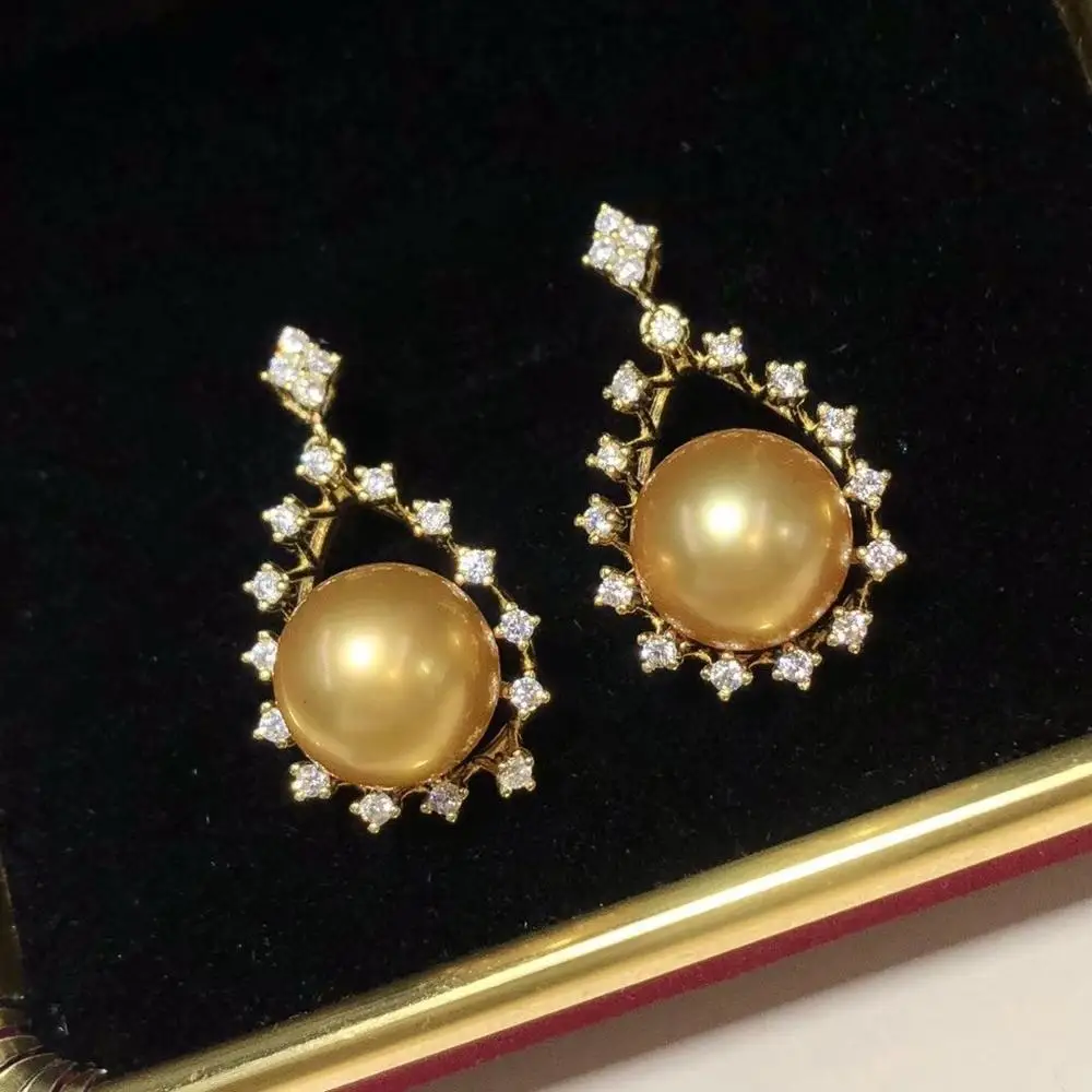 

D612 Pearl Earrings Fine Jewelry 925 Sterling Silver Round 9-10mm Zircons Nature Sea Water Golden Pearls Drop Dangle Earrings