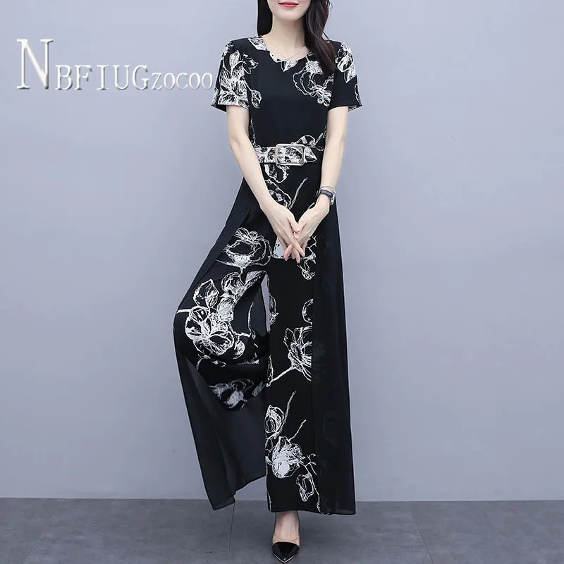 

2020 Summer New Short Sleeve Chiffon Women Jumpsuit Flower Printed Female Playsuits