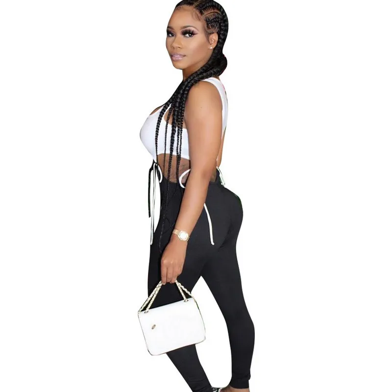 

Chic Sexy Womens Color Block Bodysuit Outfit High Cut Out Sleeveless Tie Waist Bodycon Long Pants One Piece Jumpsuits