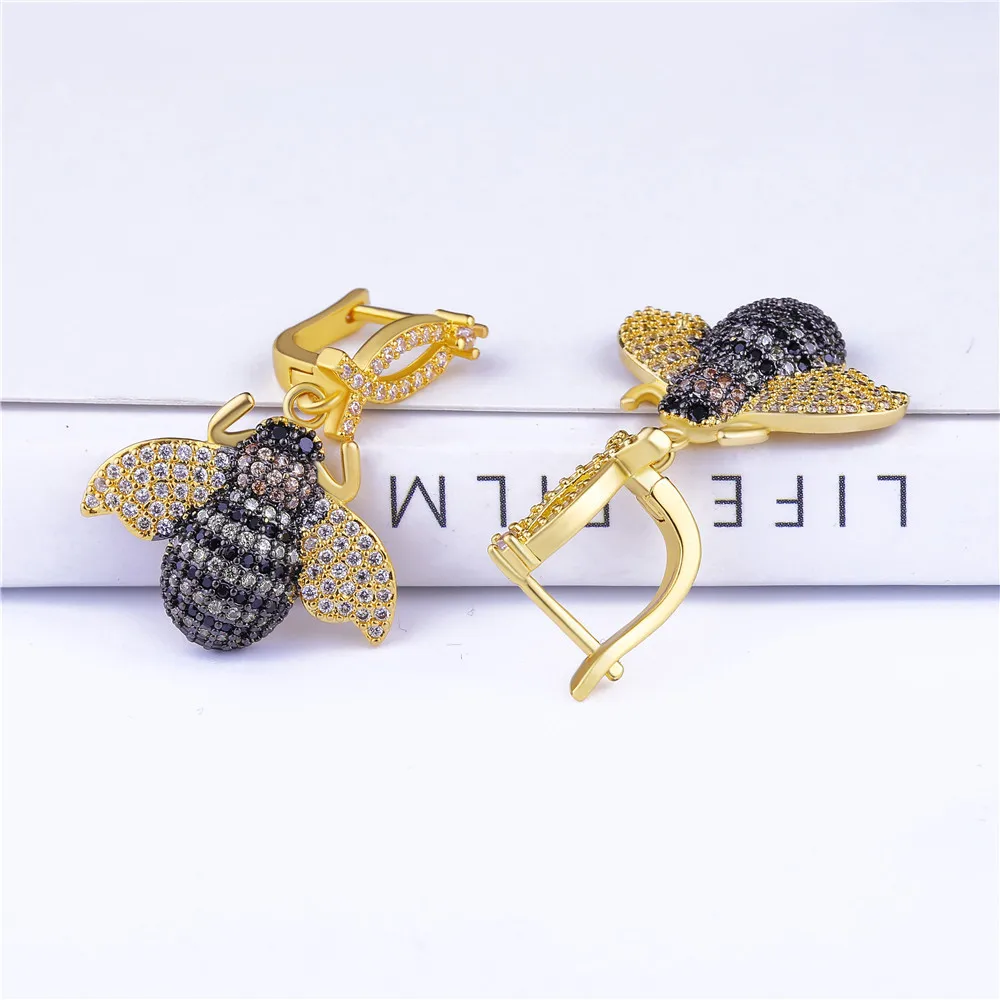 Трендовые Роскошные Кристальные пчела, жук, серьги для женщин, Micro Pave CZ, Модные Позолоченные циркониевые серьги в виде насекомых, ювелирные изделия