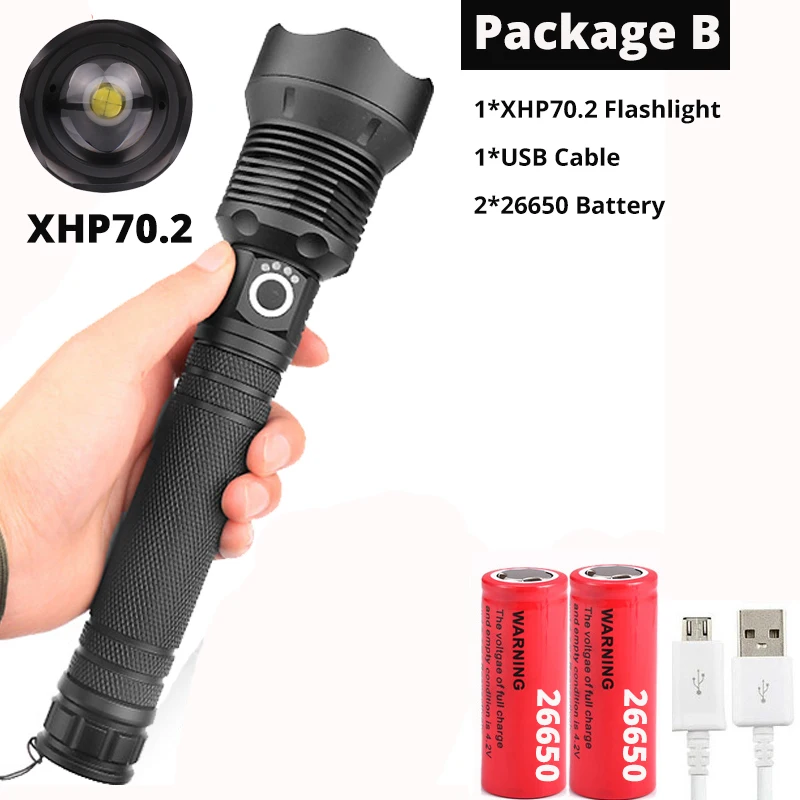 Яркий xhp70.2 высокомощный перезаряжаемый светодиодный светильник-вспышка XHP90 lanterna тактический светильник 18650 или 26650 лампа для кемпинга и охоты - Испускаемый цвет: Package E-XHP70.2