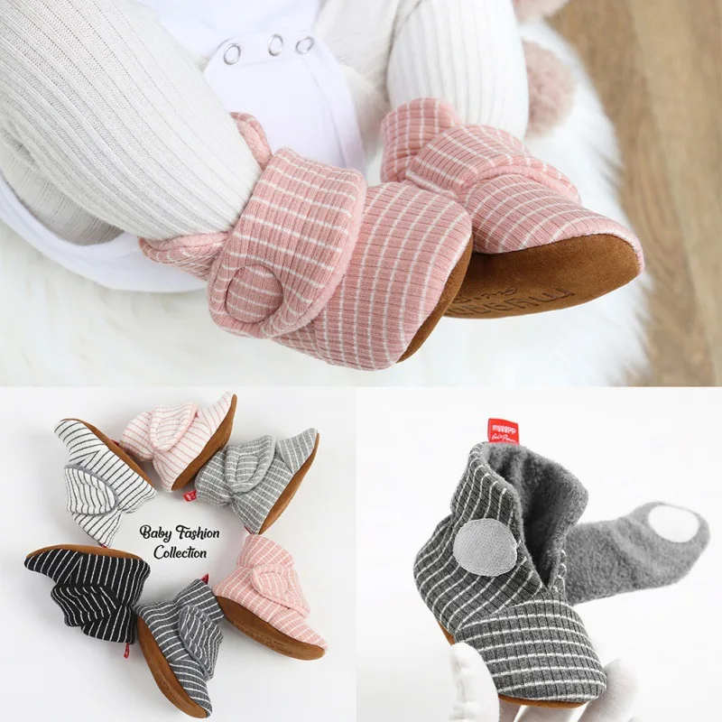 

Newborn baby girl boy shoes soft bottom striped plus velvet non-slip shoes comfortable pure cotton toddler baby shoes baby begin