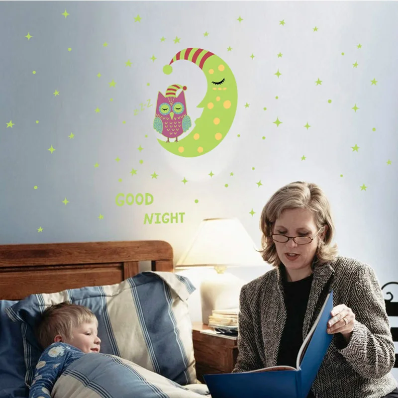 Флуоресцентные наклейки на дверь в виде совы и Луны|Наклейки стену| |