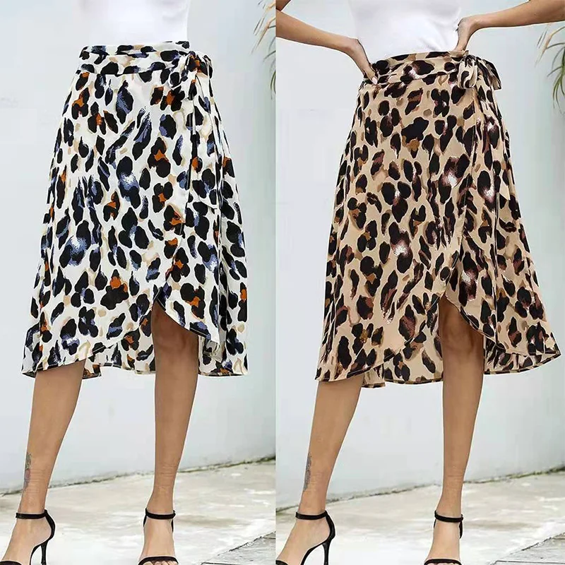 

Vangull Elegant Casual Irregular Boho Leopard Skirt High Low Split 2021 Summer New Beach High Waist Midi Wrap Women Skirts