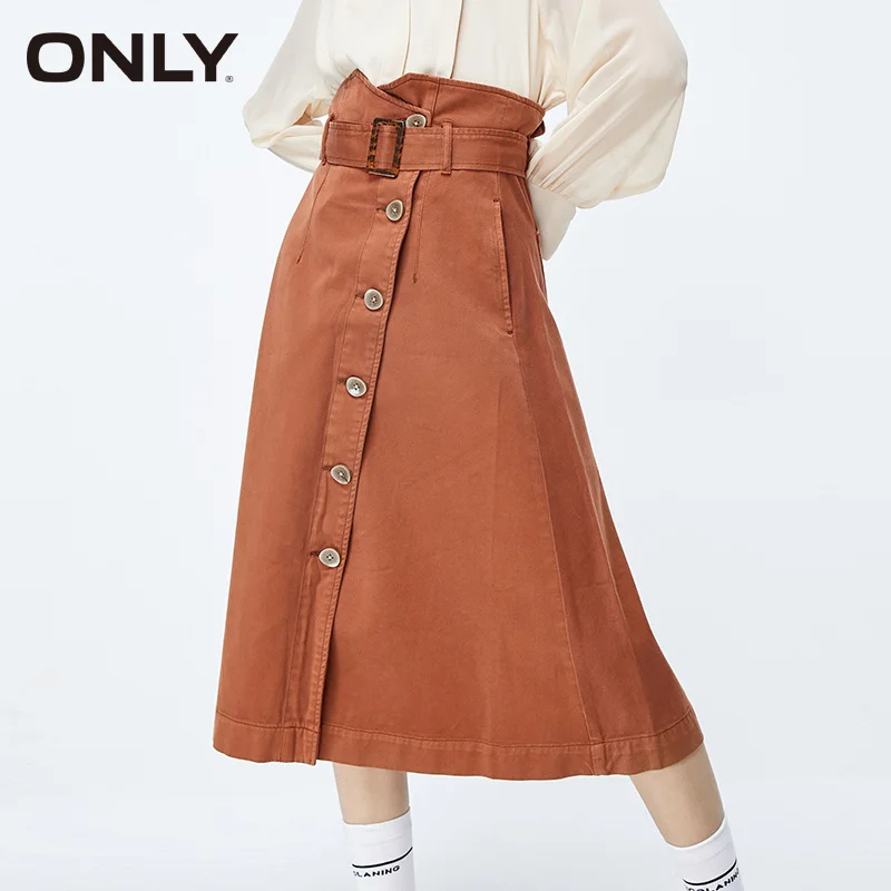 

ONLY Solid color high waist ALine skirt mid-length skirt|119337515