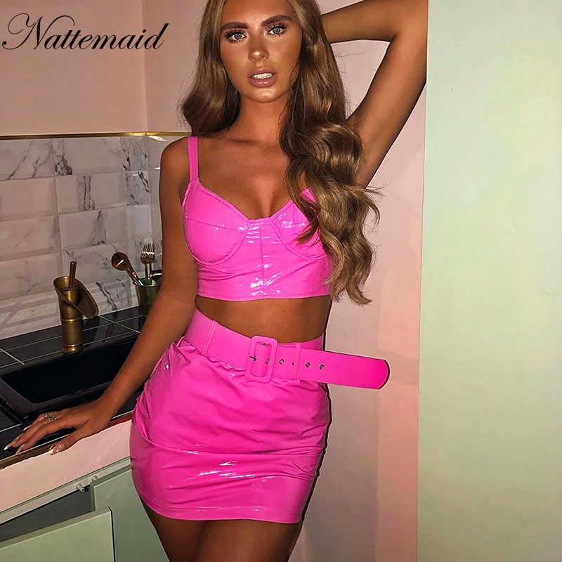 NATTEMAID Summer PU Sashes Sexy Two Pieces Set Streetwear Top And Long Pant Women Set Casual Sleeveless 2 Piece Set Women Outfit