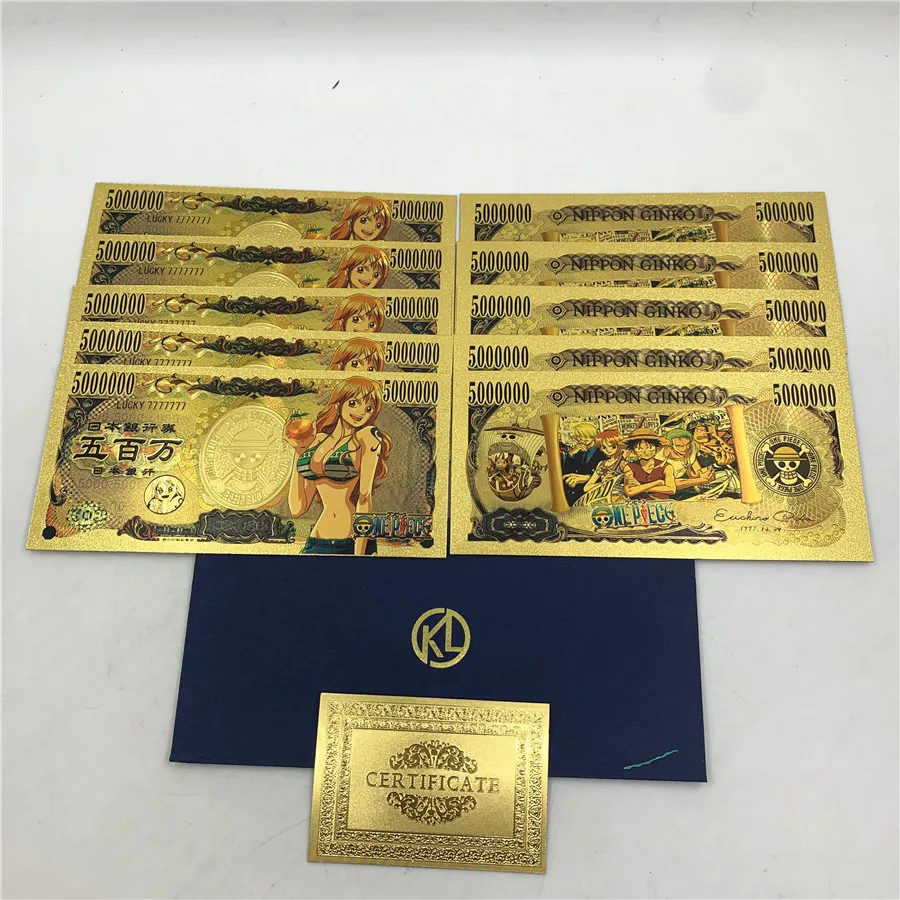 10pcs/set Lucky One Piece Anime blanknote Roronoa Zoro plastic Golden Banknote Collection fake mondy for holder | Дом и сад