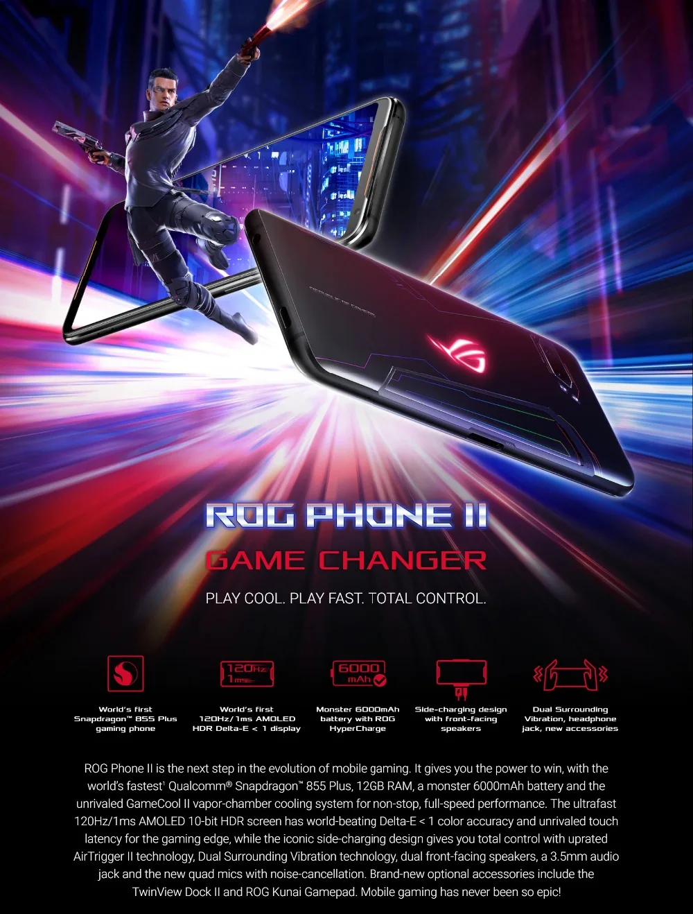 Asus ROG 2 супер игровой телефон ZS660KL мобильный телефон 8G ram 128G rom Snapdragon855+ 6,5" 1080x2340 h 48MP 6000mAh Android 9,0