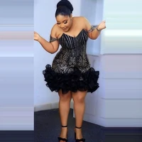 aso ebi black party dresses short beaded appliques tight with ruffles off the shoulder open back evening gala skirts