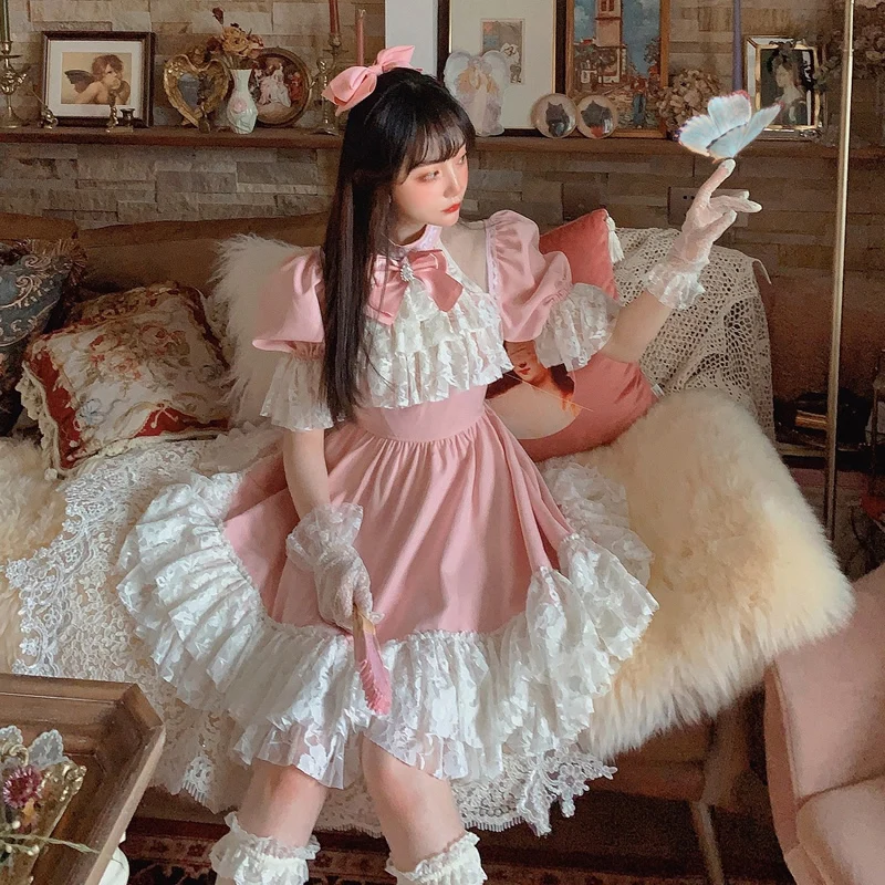 

Princess sweet lolita Bobon21 Japanese sweet high waist bubble sleeves dress Garden French vintage Lace Chiffon Dress D1879