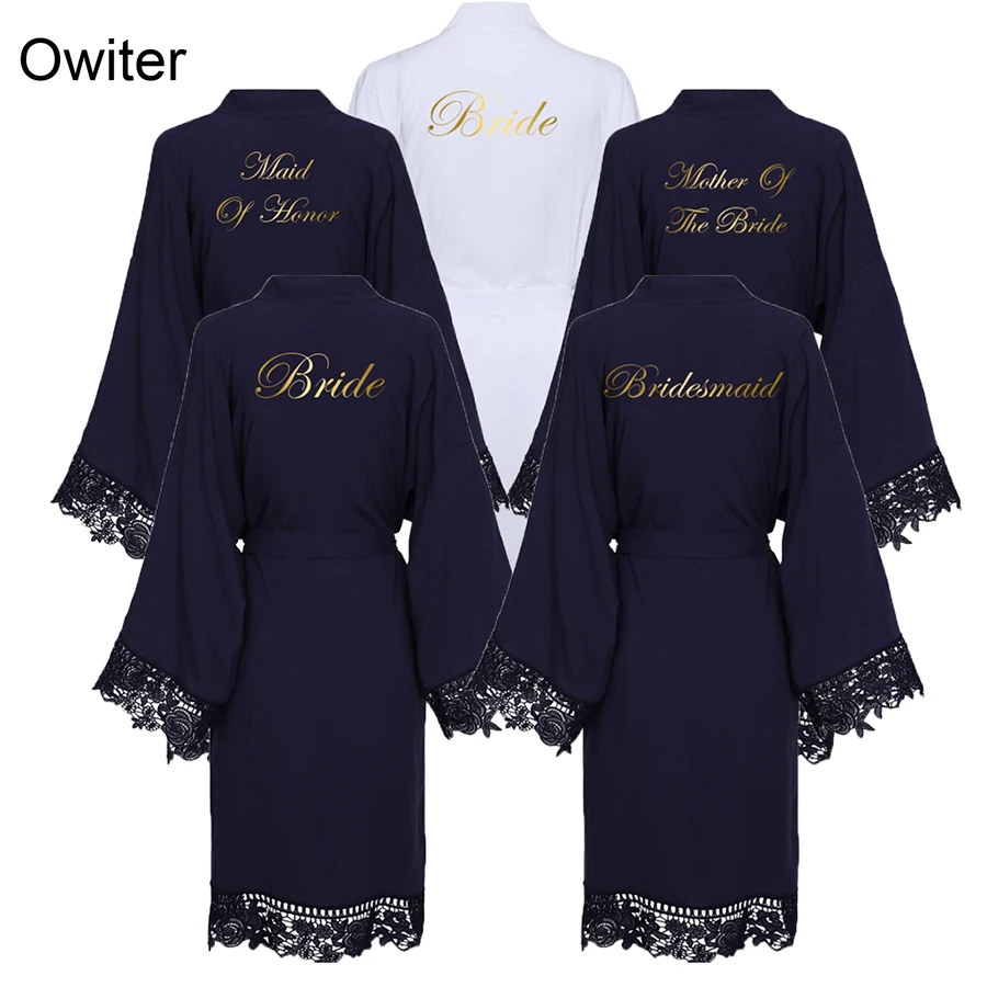 Owiter 2019 Burgundy Solid Cotton Kimono Bride Bridesmaid Robes w/ Lace Trim Women Wedding Bridal Bathrobe Sleepwear White Print