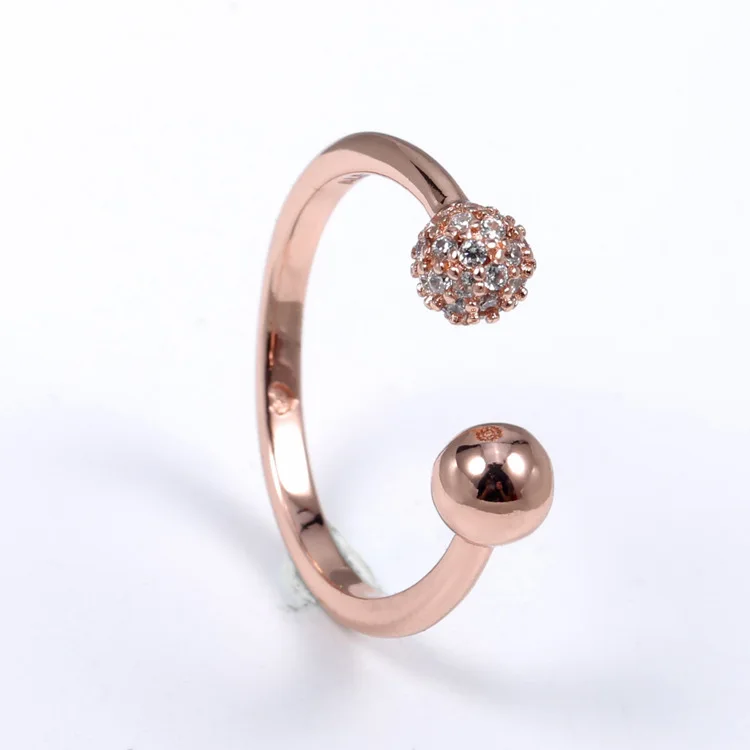 

925 Sterling Silver Pan Ring Rose Polished & Pave Bead OPen Ring With Crystal For Women Wedding Party Fashion Jewelry