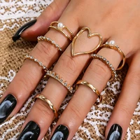 9psc 2021 new fashion style luxury full diamond metal ring sex heart pearl 9 piece set ring female gift trend lady student