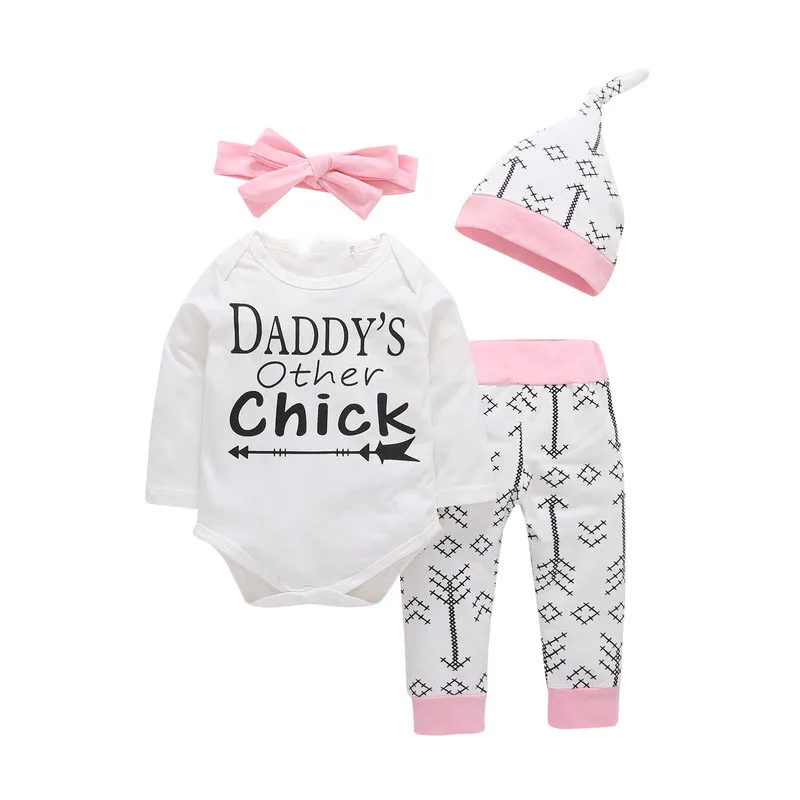 

4PCS Sets New born Infant Baby girls clothes Daddy's Other Chick Bodysuit+Love Arrow Pants+Hat +Headband Toddle Girl Outfit