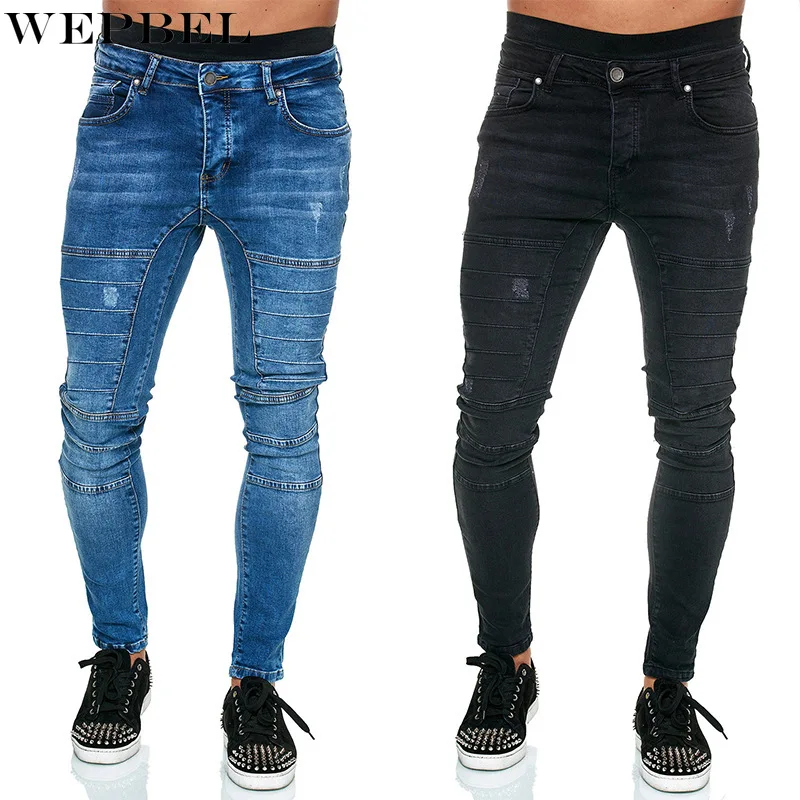 

WEPBEL Motorcycle Jeans Men's Casual Solid Color Stitching Denim Trousers Spring Autumn Mid Waist Button Slim Pencil Jeans