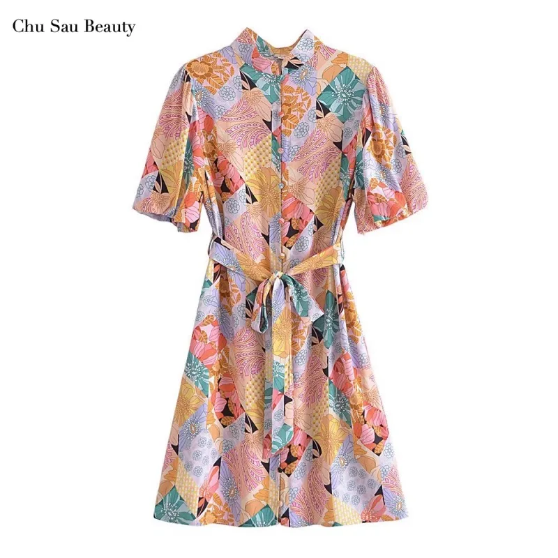 

Chu Sau Beauty New Women Printed Dress With Belt Fashion Stand-Up Collar Puff Sleeve Sweet Dress Retro Casual Street Style