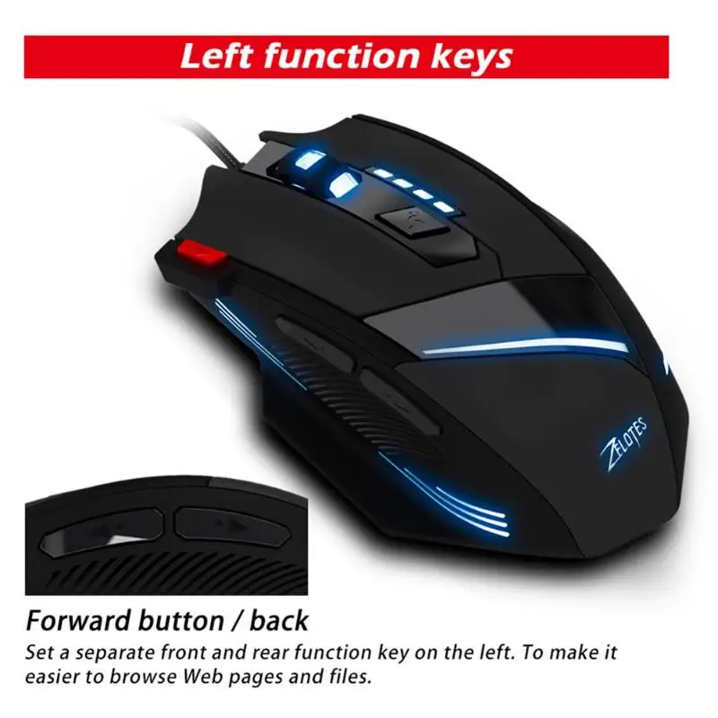 ZELOTES T-60 программируемая Проводная игровая мышь USB 7200 dpi 7 кнопок светодиодный оптическая компьютерная геймерская мышь для ноутбуков настольных ПК мыши