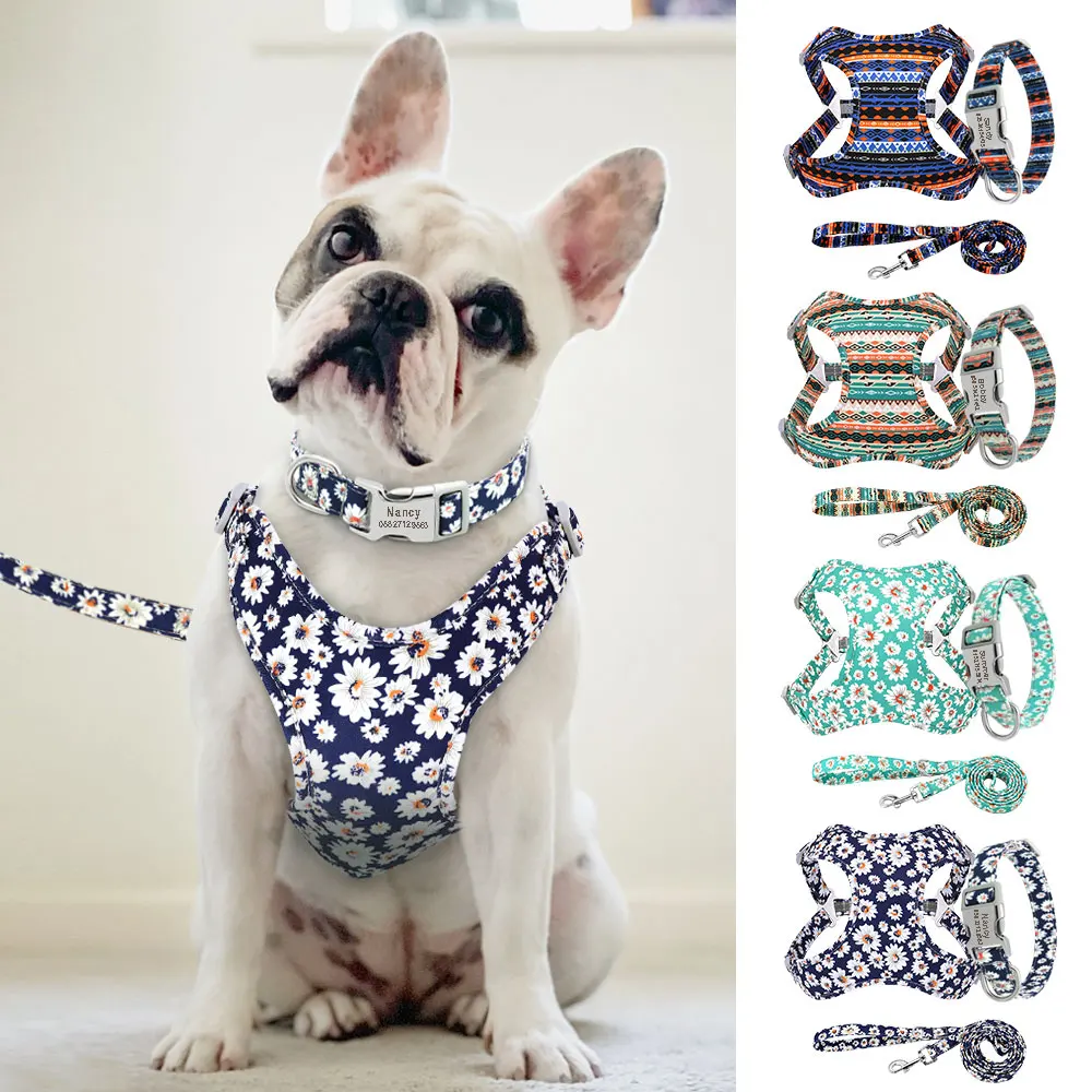 3 pz/lotto in Nylon stampato collare del cane guinzaglio Set personalizzato Dog ID Tag collari riflettente Pet Bulldog francese Harness Vest
