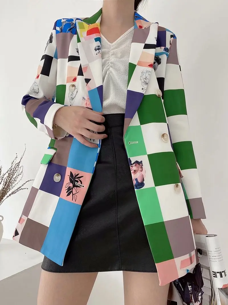 

Женский маленький костюм, осенний костюм с мультяшным принтом, Офисная Женская двубортная куртка, женские блейзеры, качественные Топы