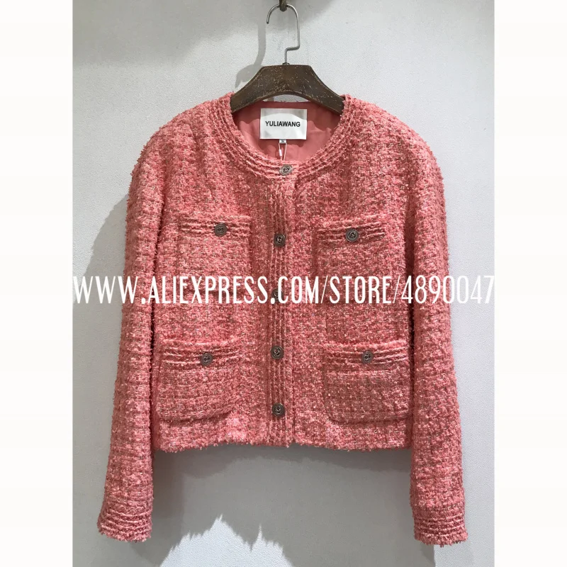 

Women's Tweed Orange pink Jacket Single-breasted Tweed Jacket Long Sleeve coat Top High Quality Silk Lining