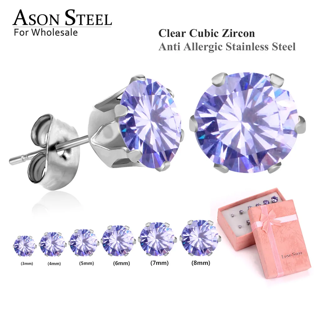 ASON, стальные серьги-гвоздики для женщин, розовый цвет, Круглый AAA кристалл, 6 пар/кор., набор сережек, нержавеющая сталь, Mujer Bijoux, подарок для любви