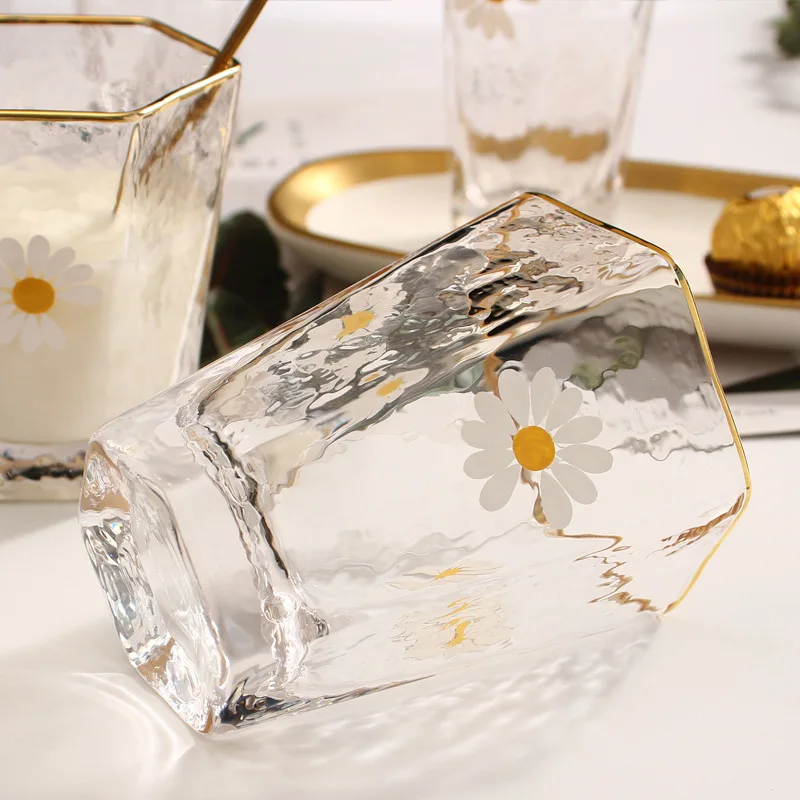 Household Wine Glass Set Little Daisy Water Cup Hexagon INS Phnom Penh Summer Juice Japanese Wire Mesh | Дом и сад