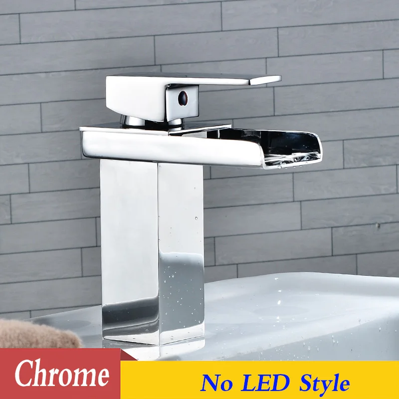Chrome no LED POIQIHHY Водопад кран Led хром латунь Ванная раковина кран на бортике смеситель Носик раковина кран - Цвет: Chrome no LED