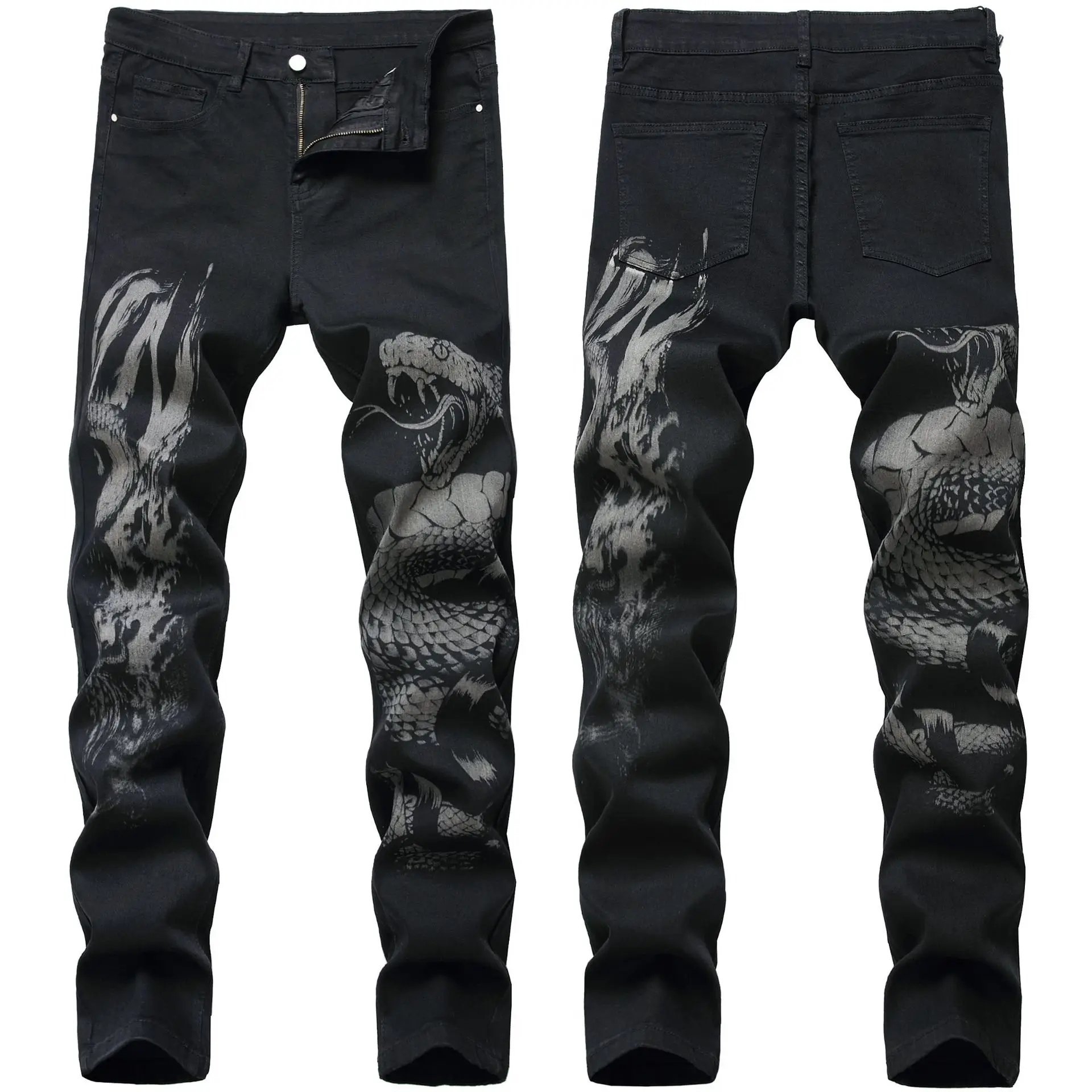 

New Style Printed Jeans Men Hot-selling Design Snake Head Pattern Figure Denim Pants Male Slim Black Straight Slim Jeans Cotton
