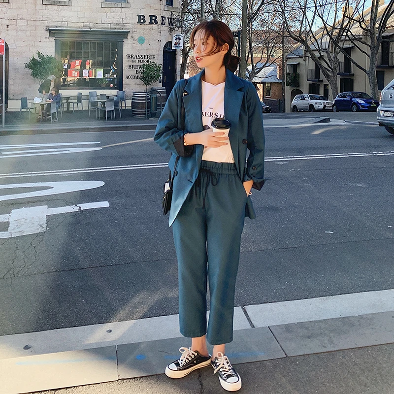 

2021 Spring Autumn Trouser Suit Female Fashionable Chic Retro Double Breasted Casual Business Women Jacket Two-Piece Suit B29
