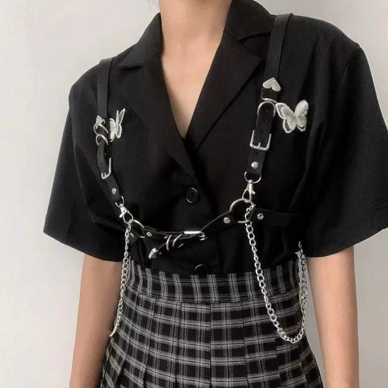 

M7DD New Style Woman Sexy Punk Gothic Faux Leather Belt Metal Chain Ring Waist Strap Street Dance Decorate Belts