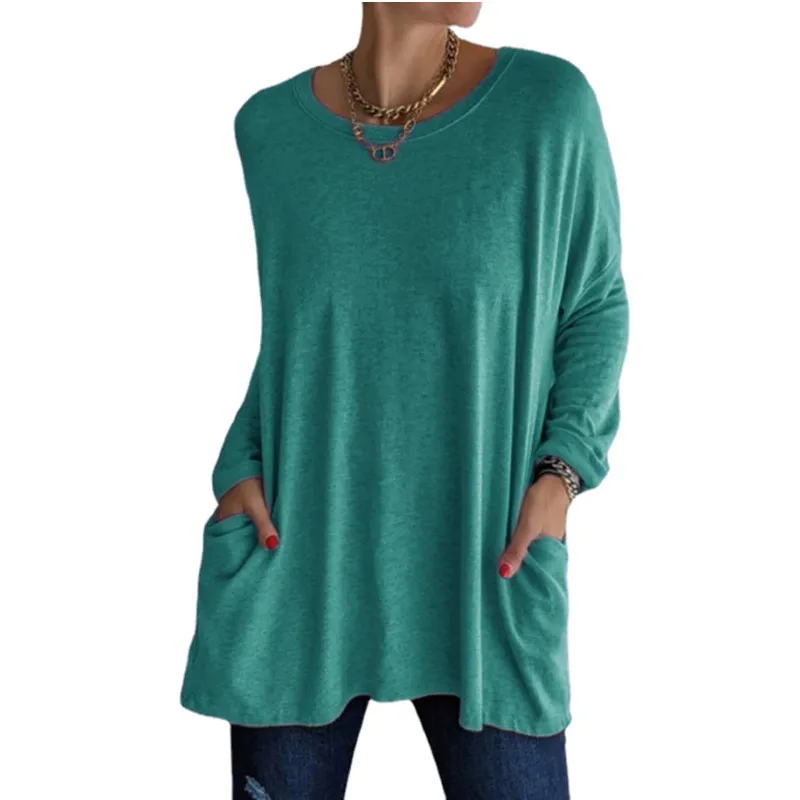 

2021 Spring and Summer Round Neck Long Sleeve Loose Pocket Solid Color T-shirt Casual Women's Wear