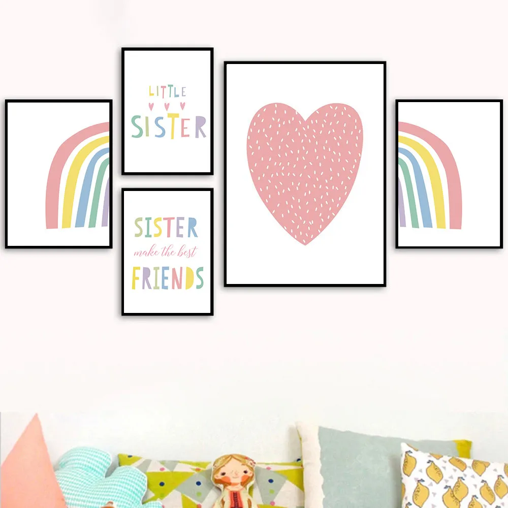 

Pink Heart Canvas Print Rainbow Poster Sisters Friends Wall Art Prints Nursery Painting Nordic Wall Pictures Girls Room Decor