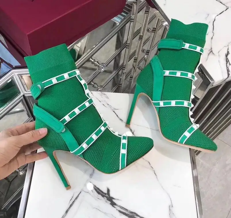 Botas de calcetin mujer punto comodidad botas tobillo tacón alto cuadradas moda puntiagudos zapatos elarsticos|Женские