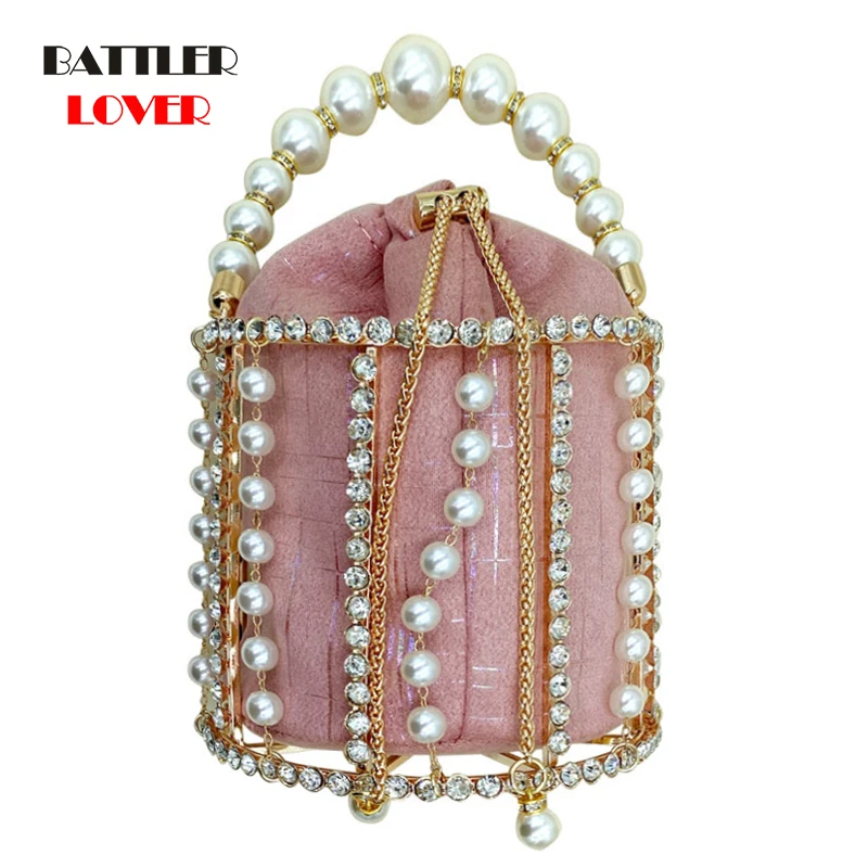

Rhinestone Evening Pearl Clutch Bag Women Luxury Handmade Diamond Beaded Bucket Purses And Handbags Bridal Wedding Party Sweet