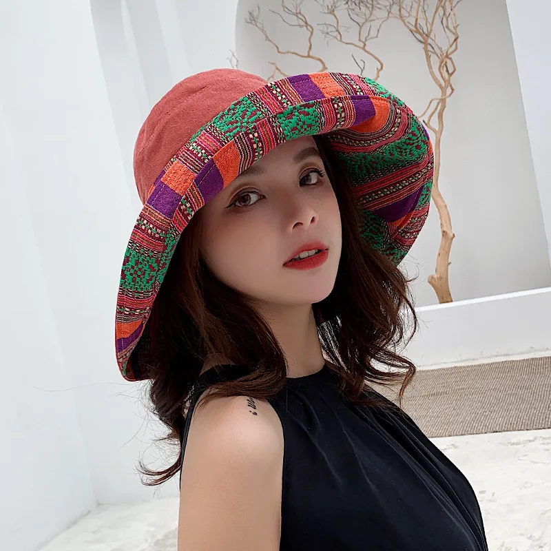 Cotton Bucket Hat ladies Sun Big Eaves Cover Face Fisherman Wild National Style Foldable Double-sided Sunscreen | Аксессуары для