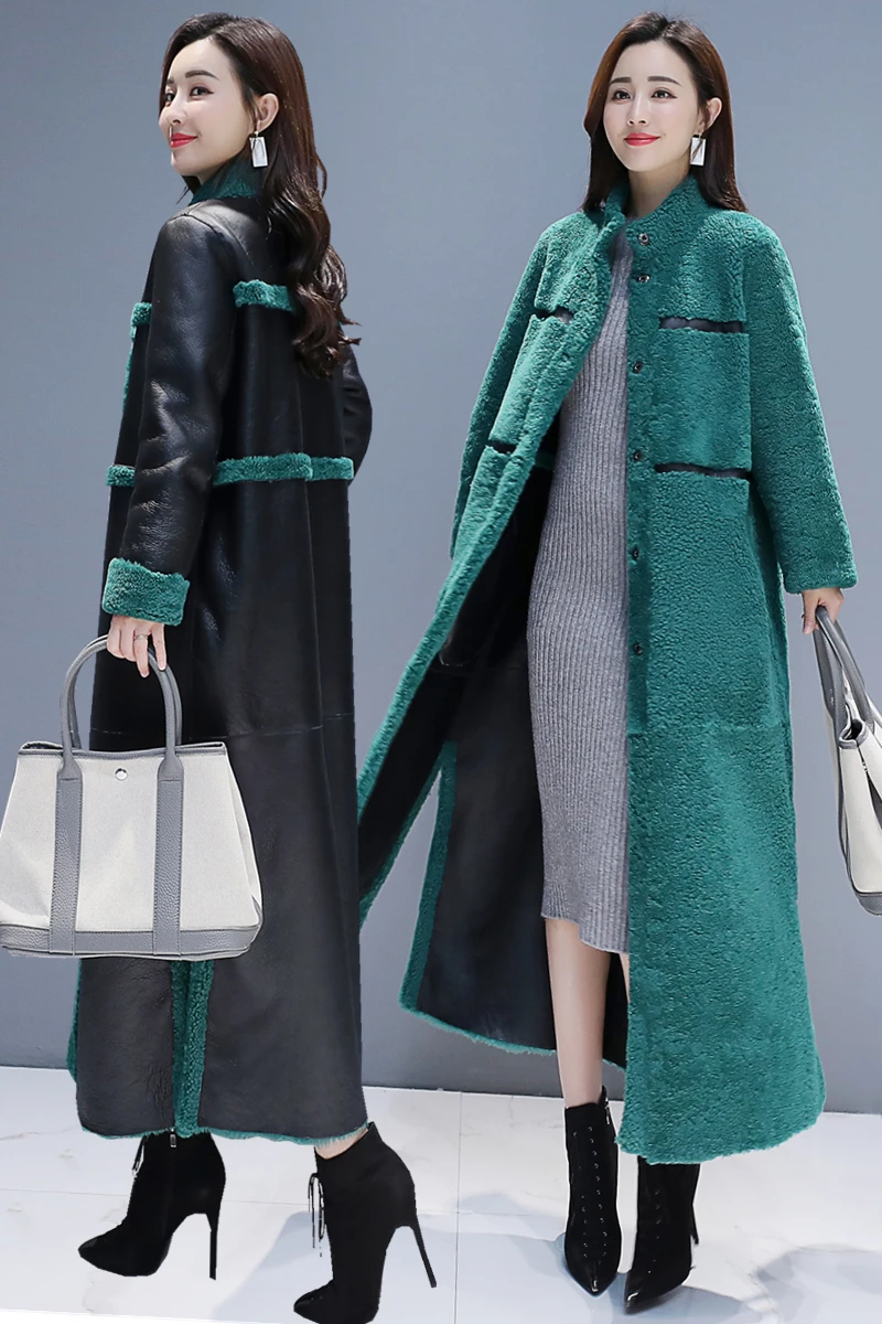 Autumn And Winter Fur One-Piece Iamb Hair Female Iong Double-Sided Wear Plus Velvet Thick Fashion PU Ieather Slim JacketSpliced