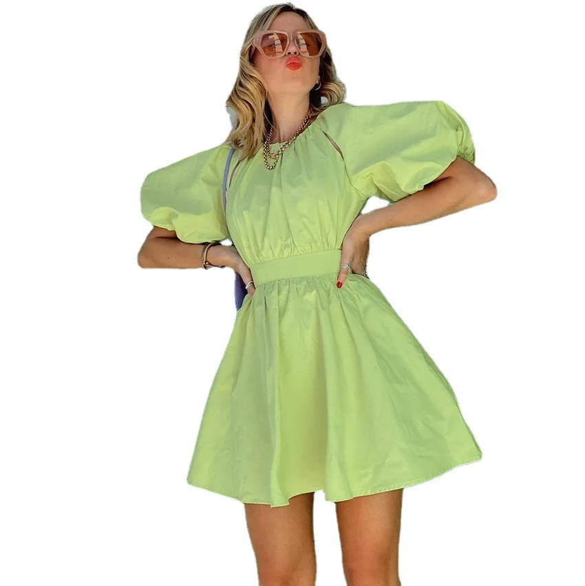 

Women Mini Dress Green Sexy Backless O-neck Puff Short Sleeve Hollow Out Elastic Waist A-line Party Dress Elegant Dress Summer