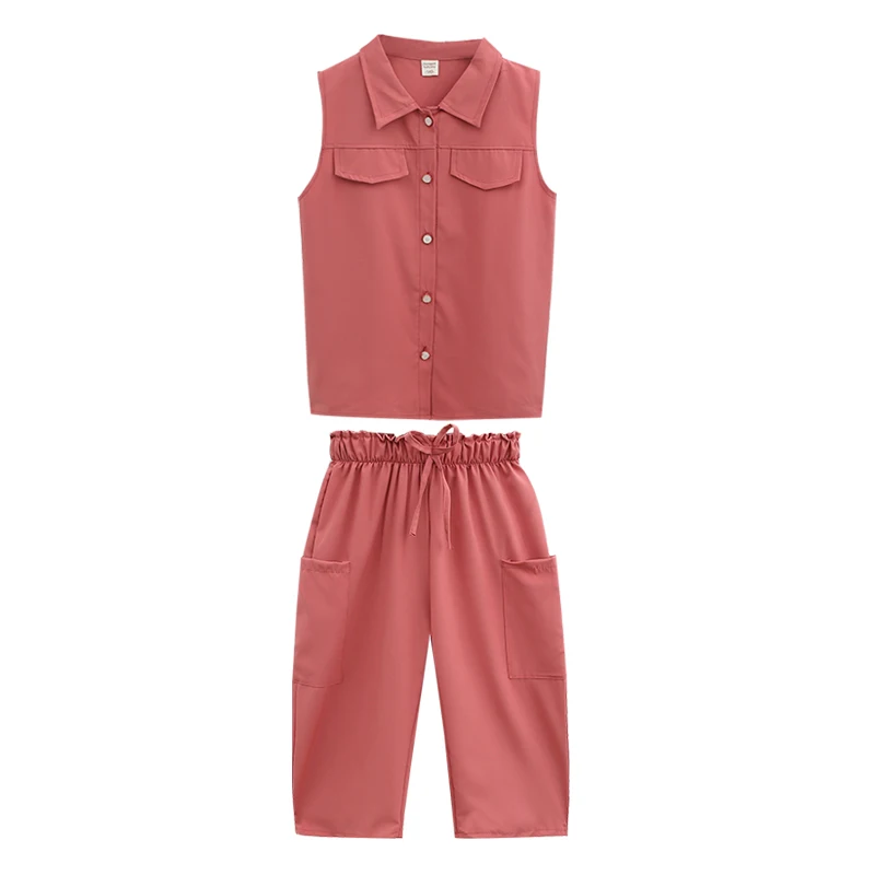 

Summer Girls Clothing Set 2021 Fashion Sleeveless Blouses and Pants Casual Bow-tie Belt Kids Boutique Clothing for Teens YE03083