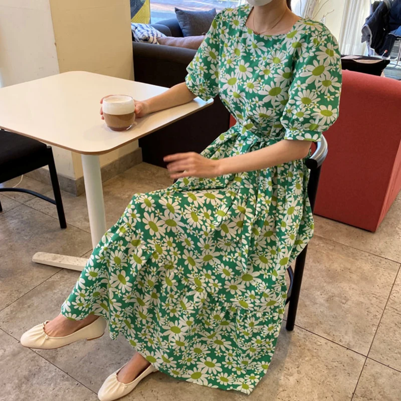 

Korean Fan French Flower Floral Long Women Summer Dress Casual Short Sleeve Holiday Sexy Dress 2020 Spring Elegant Female Dress