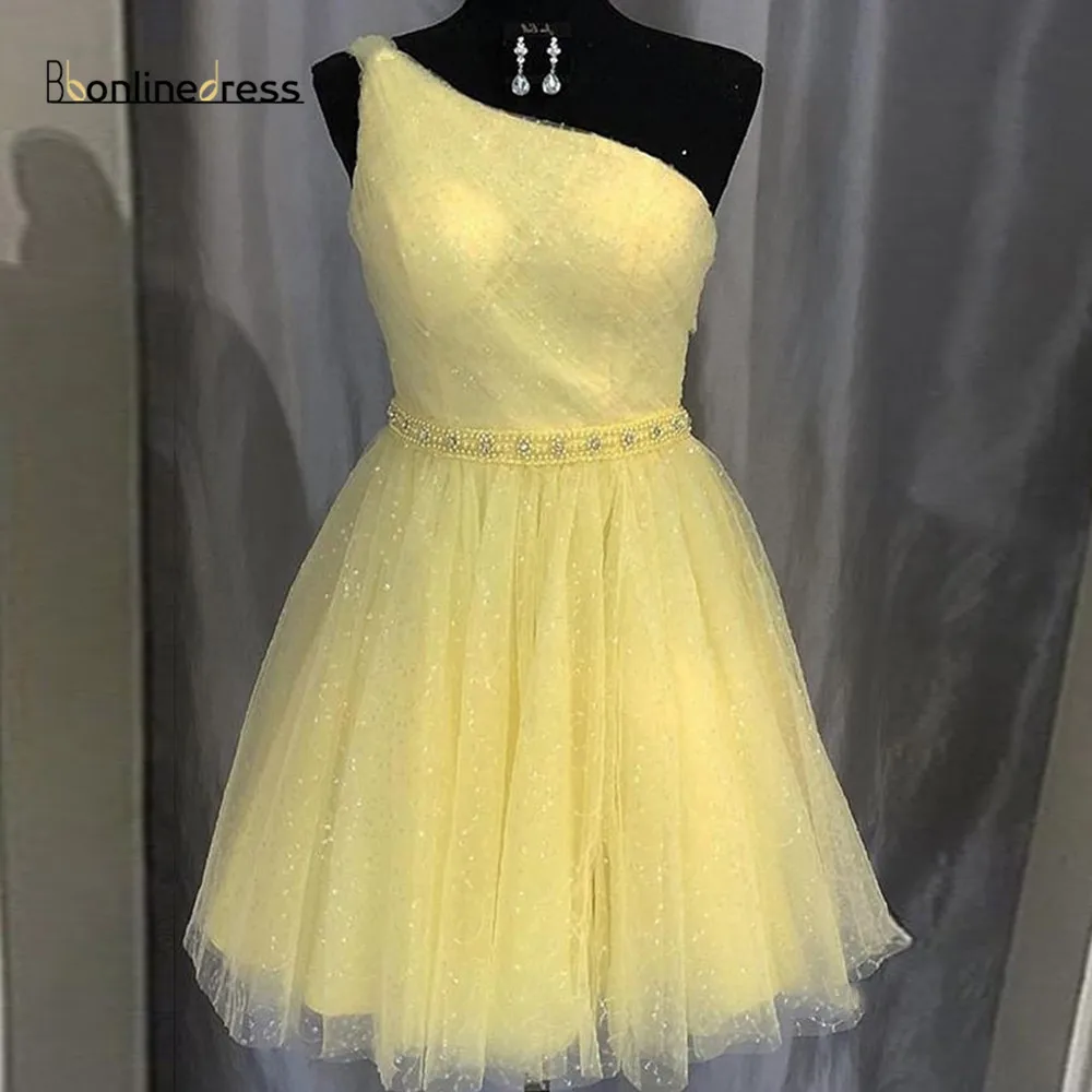 Bbonlinedress Yellow Homecoming Dress 2020 Sparkly Tulle One Shoulder Short Party Dress Vestidos de cocktail Graduation Dresses