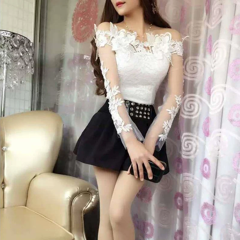 

Flowers Lace Spring Summer 2021 New Transparent Mesh Splic Lace Blouse Sexy Slash Neck Ladies Tops Long sleeve Women Shirts 691i